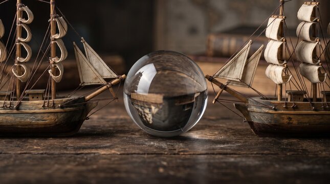 Two antique sailing ship models flank a crystal ball on a rustic wooden table, reflecting the scene