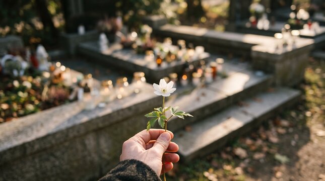 Hand holding a single white flower in a cemetery with gravestones and candles in the background