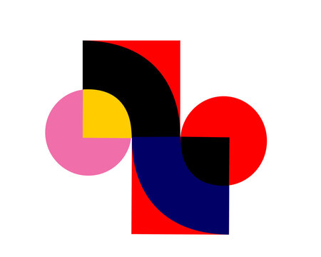 ​A striking modern image featuring a creative composition of bold geometric shapes, including a red rectangle, a blue half-circle, a pink circle, and a yellow accent on a clean white background.