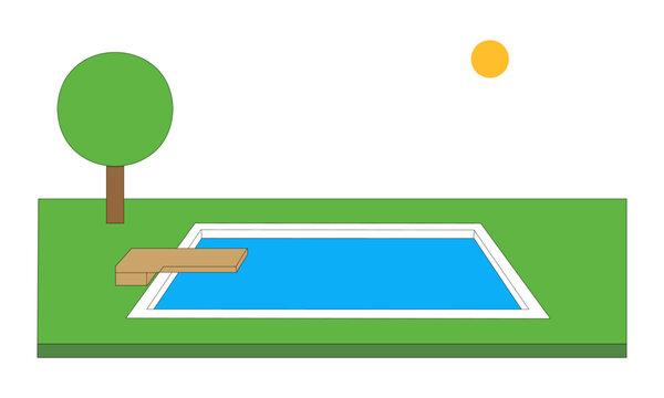 Outdoor swimming pool with diving board, green lawn, tree, and sun, flat vector illustration
