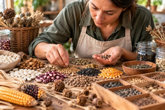 Woman sorting diverse seeds for garden preservation