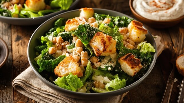 Chickpea caesar salad with crispy croutons and creamy cheater dressing for menu background and recipe card
