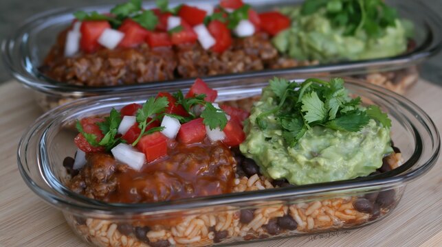 Meal prep burrito bowls with rice black beans guacamole and salsa in glass containers for weekly lunch prep and menu layout
