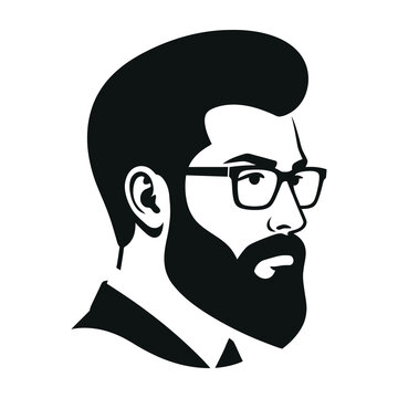 Bearded man with glasses and suit looking right profile portrait