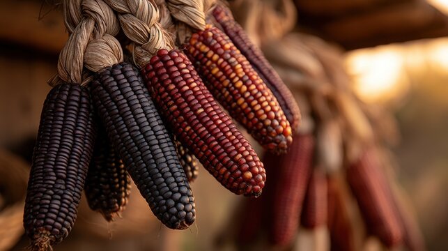 Cluster of indigenous red and deep blue heirloom corn cobs with braided husks for autumn background and rustic kitchen design