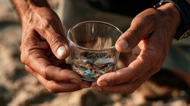 Closeup of hands holding a glass cup containing microplastics and debris to illustrate pollution and public health awareness for posters