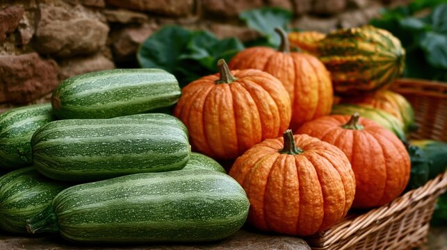Autumn harvest display of striped green squash and ribbed orange pumpkins for fall market background and banner design