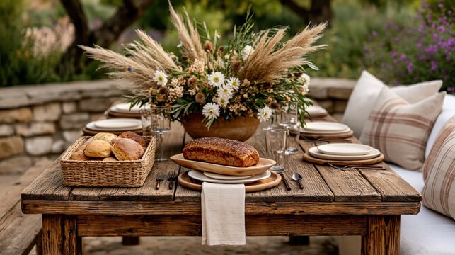 Rustic farmhouse birthday table setting with pampas grass centerpiece and bread basket for boho party table decor and dining background