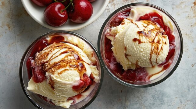 Cherry Balsamic Ripple Vanilla ice cream scoops with cherry compote in bowls