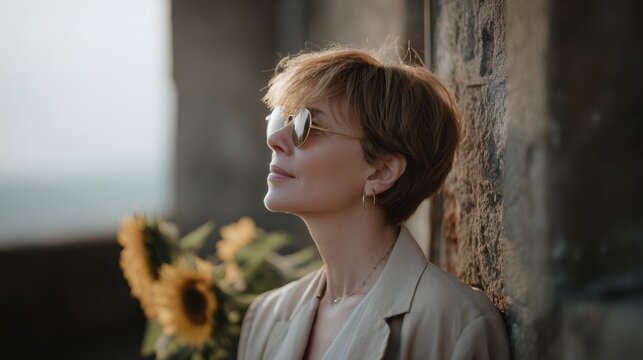 Mature caucasian female with sunglasses relaxing by sunflowers outdoors