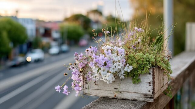Rustic flower box with purple and white blooms on urban balcony rail