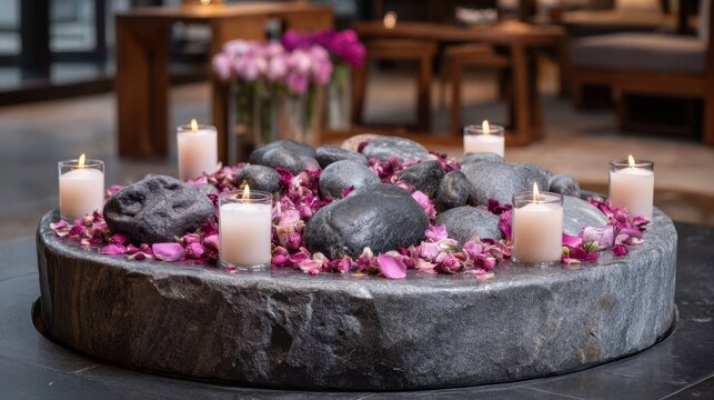 Serene stone candle arrangement with pink petals in tranquil setting