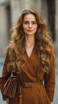 Confident young caucasian female with long wavy hair in stylish brown outfit outdoors