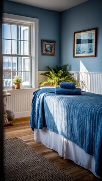 Cozy spa room with blue decor and relaxing sunlight