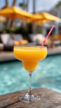 Orange cocktail in coupe glass with straw by sunlit poolside umbrellas