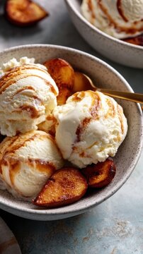 Vanilla ice cream scoops with caramelized plum slices in bowl