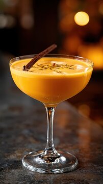 Coupe glass presenting orange cocktail with vanilla garnish