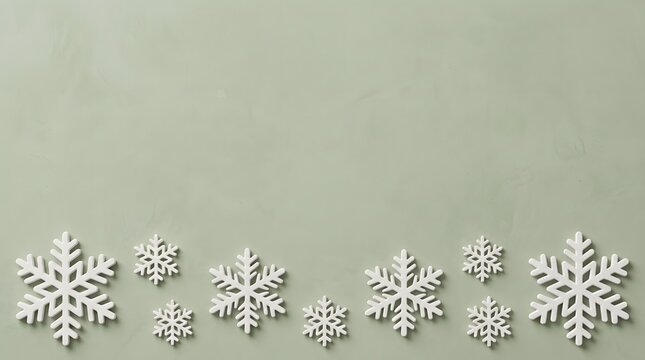 A serene and delicate christmas backdrop featuring a multitude of intricately designed white snowflakes against a soft muted sage green background