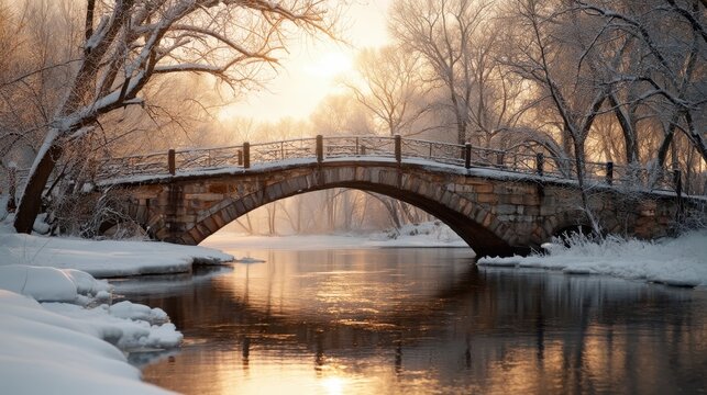 Single arch stone bridge spanning reflective river at sunrise