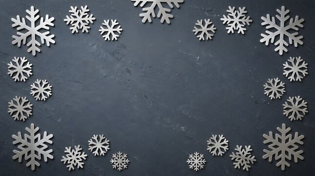A stunning festive christmas background featuring delicate shimmering snowflakes arranged artfully around a dark elegant central space perfect for holiday greetings