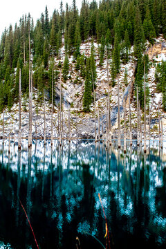 The flooded forest of Lake Kaindy in winter. A beautiful winter mountain landscape in Kazakhstan. A blue lake with tree trunks protruding from it against a backdrop of snow-capped mountains.