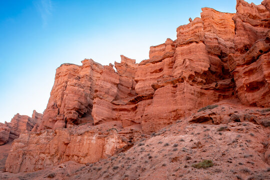 Charyn Canyon, Valley of Castles. The excellence of Kazakhstan. Panorama of natural unusual landscape. The red canyon of extraordinary beauty looks like a Martian landscape.