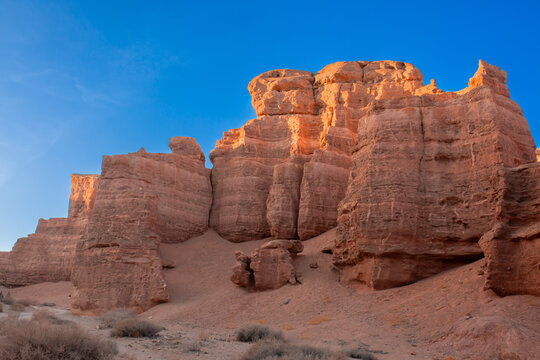 Charyn Canyon, Valley of Castles. The excellence of Kazakhstan. Panorama of natural unusual landscape. The red canyon of extraordinary beauty looks like a Martian landscape.