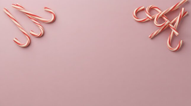 A delightful and festive arrangement of pink and white candy canes against a soft pastel pink background evoking holiday cheer
