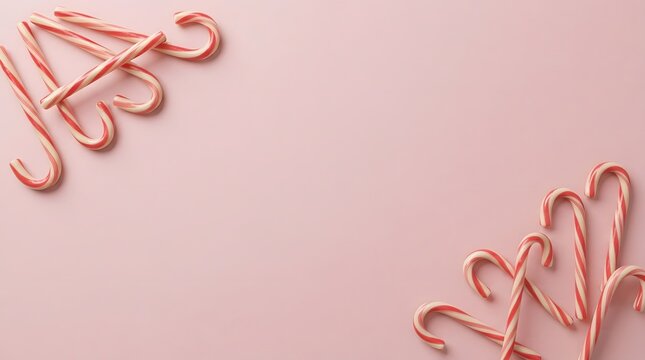 A delightful and festive arrangement of classic red and white candy canes against a soft pastel pink background perfect for the holidays