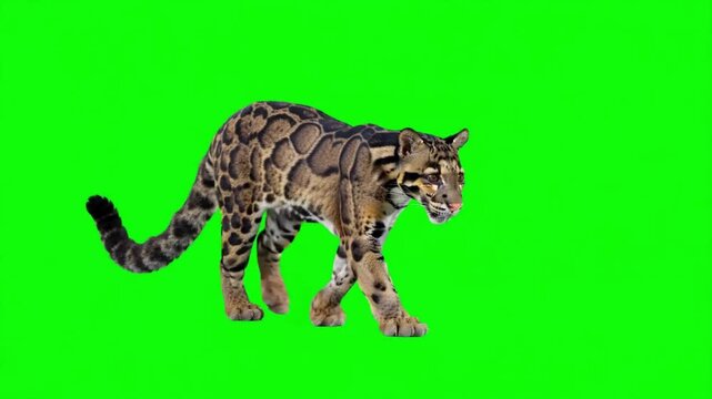 Clouded leopard walking on green screen chroma key background