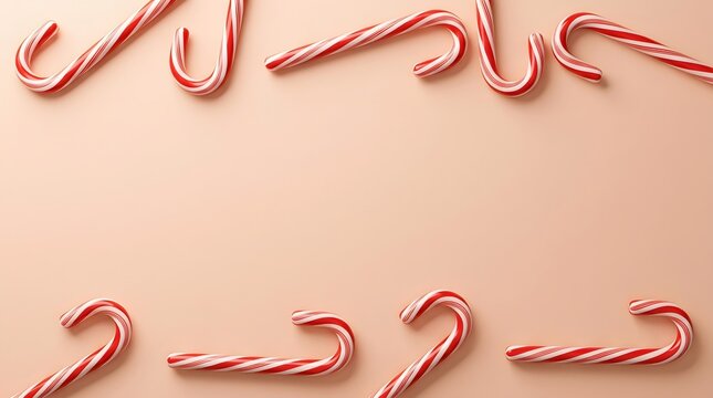A delightful overhead view of pink and white striped candy canes arranged on a soft pastel peach background evoking festive cheer
