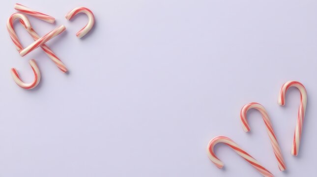 A delightful and festive flat lay featuring colorful candy canes scattered across a soft pastel lilac background perfect for holiday themes