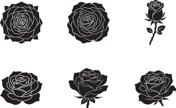 Beautiful black rose flower silhouettes collection isolated on a clean white background.
