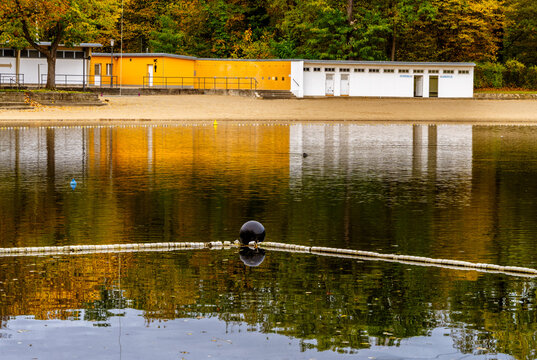Den See an der Badeanstalt im Volkspark Jungfernheide im Herbst, im Bild sind die Schwimmleinen mit Boje Abgrenzungen vom See zum Schwimmbad zu erkennen, Berlin-Charlottenburg, Deutschland