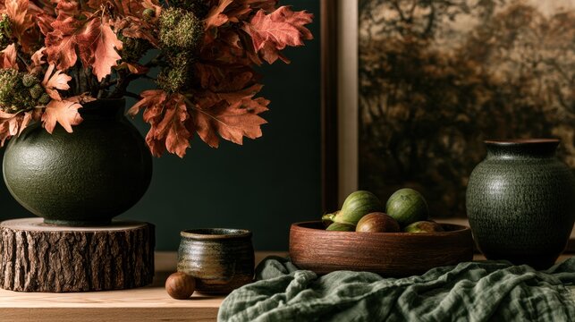 Rustic autumn still life with dried oak leaves in green ceramic vases, fresh figs and a wooden bowl on a shelf
