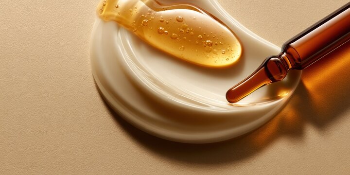 Skincare cream swatch with golden serum gel and an amber glass ampoule on a warm beige textured background