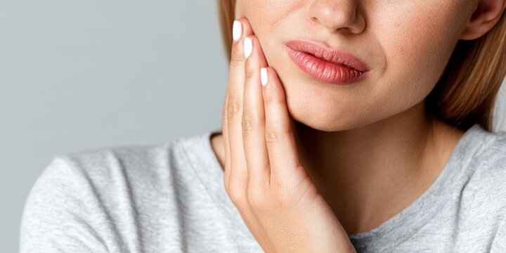 Close-up of a woman holding her cheek with toothache and jaw discomfort against a neutral background with copy space