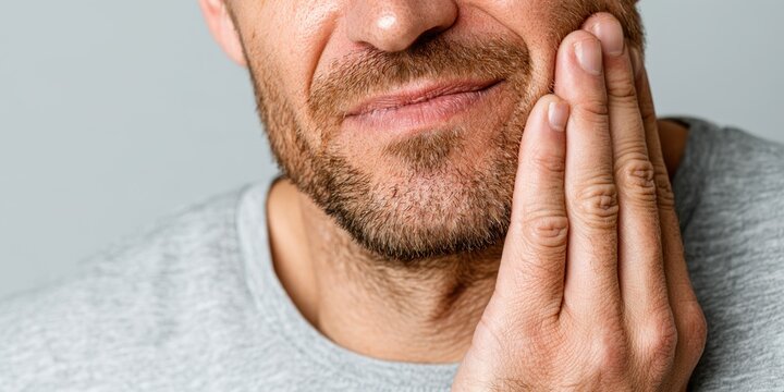 Close-up of a man pressing his cheek with toothache and jaw discomfort for an oral health and dental care concept