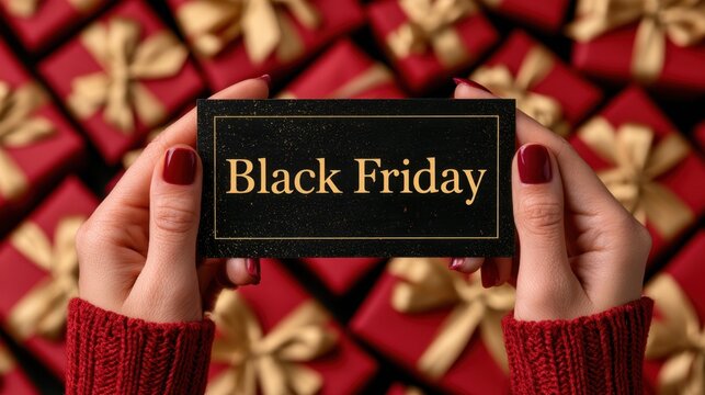 Hands holding a black and gold Black Friday card above red gift boxes with golden ribbons for holiday shopping promotion