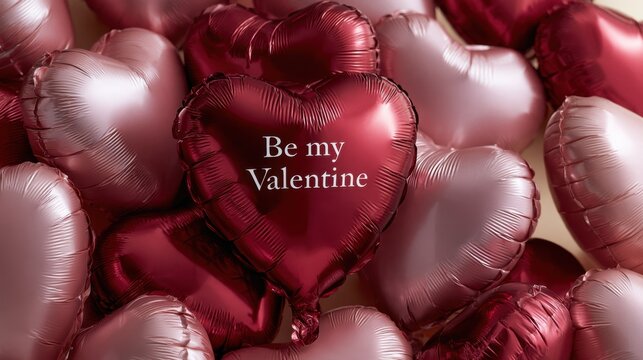 Heart-shaped foil balloons in burgundy and pink with Be my Valentine lettering for a romantic Valentines Day celebration