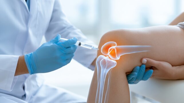 Doctor administering a knee joint injection with a glowing anatomical bone overlay illustrating orthopedic treatment and pain management