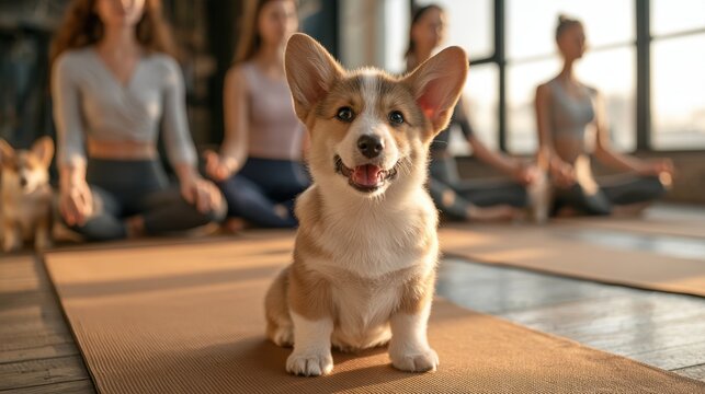 Corgi puppy sitting on a yoga mat with women meditating in a sunlit studio during a puppy yoga class