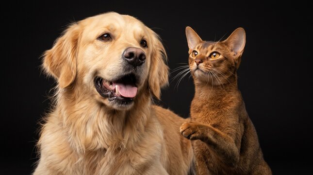 A friendly golden retriever dog and a curious abyssinian cat posing together affectionately against a dark studio background, highlighting their sweet friendship.