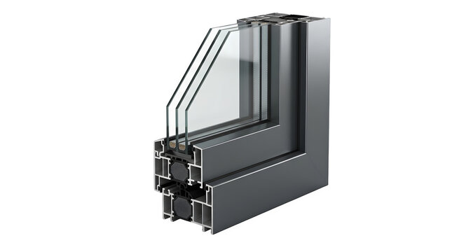 Cross section of a modern triple glazed window profile with thermal insulation, showing the aluminum frame structure and glass layers isolated on transparent background