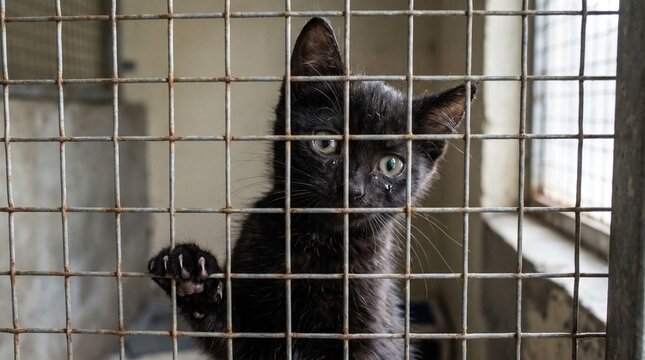 A poignant closeup of a sweet black kitten peering through a wire mesh fence in an animal shelter, holding onto the bars with its tiny paws.