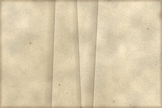 Vintage aged parchment paper texture background featuring old folded geometric paper strips with worn stains and scratched surface details for retro graphic design projects