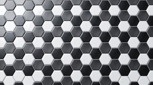 A modern geometric background featuring a seamless pattern of black, white, and gray hexagonal tiles arranged in an elegant mosaic design.