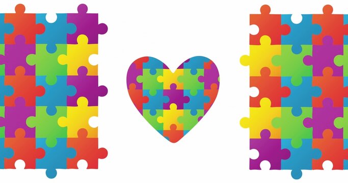 Displaying multicolored jigsaw heart centered on white background, flanked by side puzzle panels
