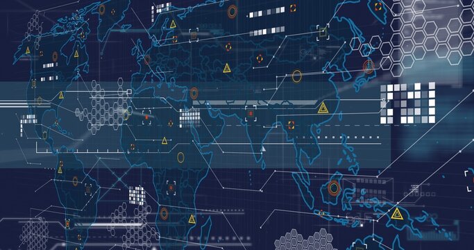 Displaying stylized world map streaming across virtual command interface, with panels, nodes