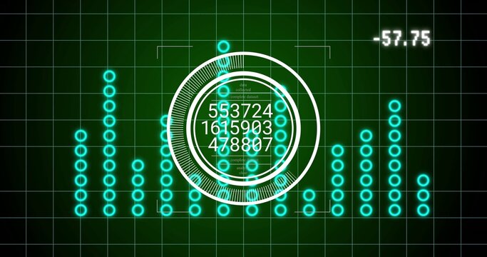 Displaying central concentric HUD overlay at screen center, showing cyan nodes and numeric readouts